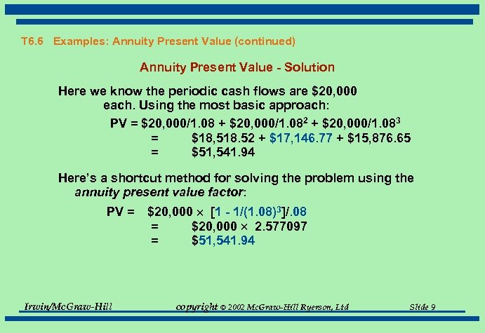 T 6. 6 Examples: Annuity Present Value (continued) Annuity Present Value - Solution Here