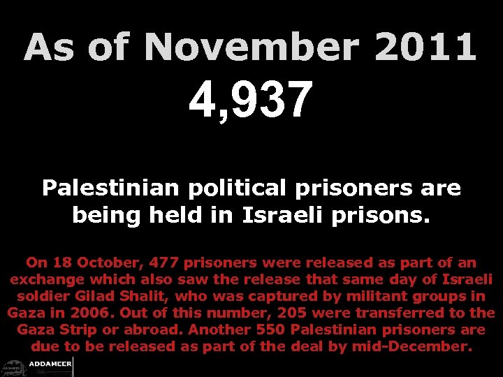 As of November 2011 4, 937 Palestinian political prisoners are being held in Israeli