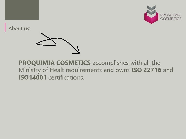 About us: PROQUIMIA COSMETICS accomplishes with all the Ministry of Healt requirements and owns