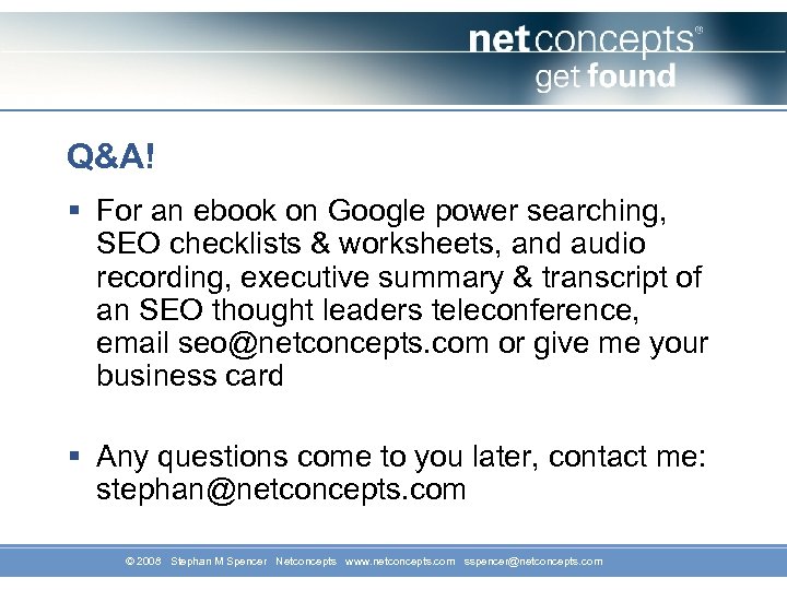 Q&A! § For an ebook on Google power searching, SEO checklists & worksheets, and