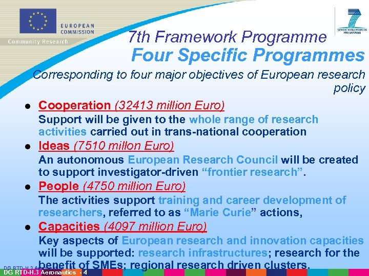 7 th Framework Programme Four Specific Programmes Corresponding to four major objectives of