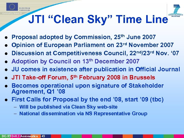 JTI “Clean Sky” Time Line l l l l Proposal adopted by Commission, 25