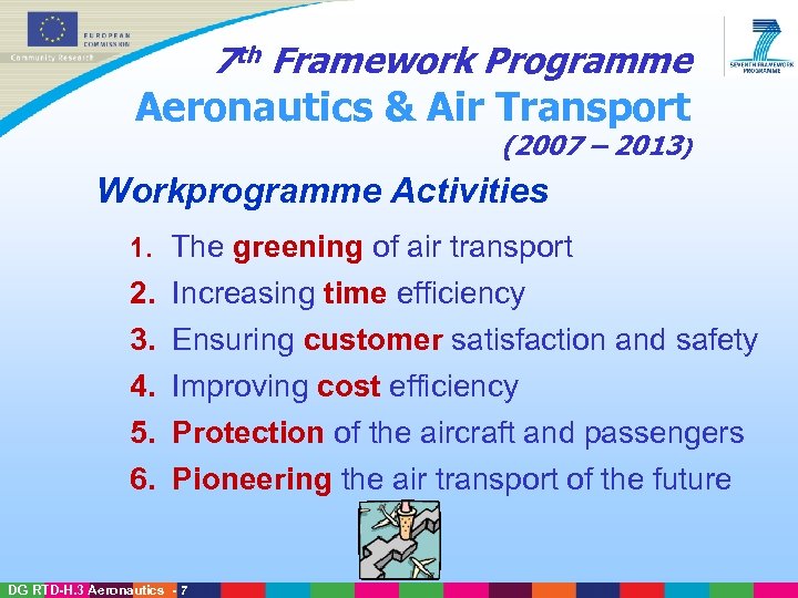 7 th Framework Programme Aeronautics & Air Transport (2007 – 2013) Workprogramme Activities 1.