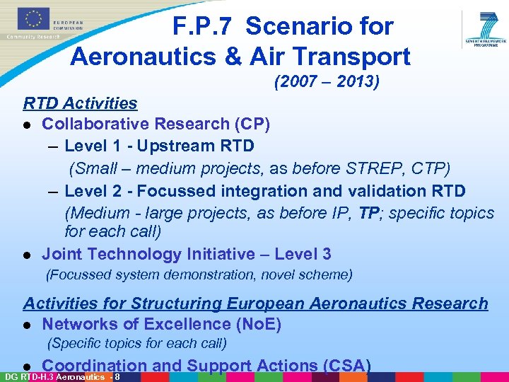 F. P. 7 Scenario for Aeronautics & Air Transport (2007 – 2013) RTD Activities