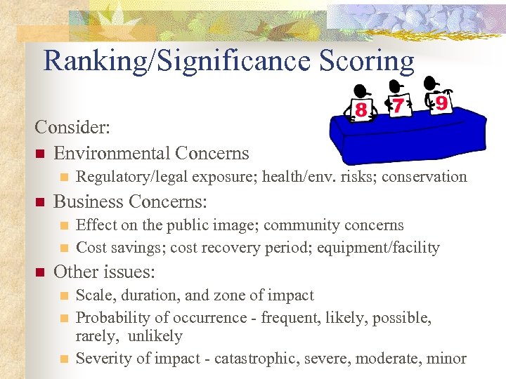 Ranking/Significance Scoring Consider: n Environmental Concerns n n Business Concerns: n n n Regulatory/legal