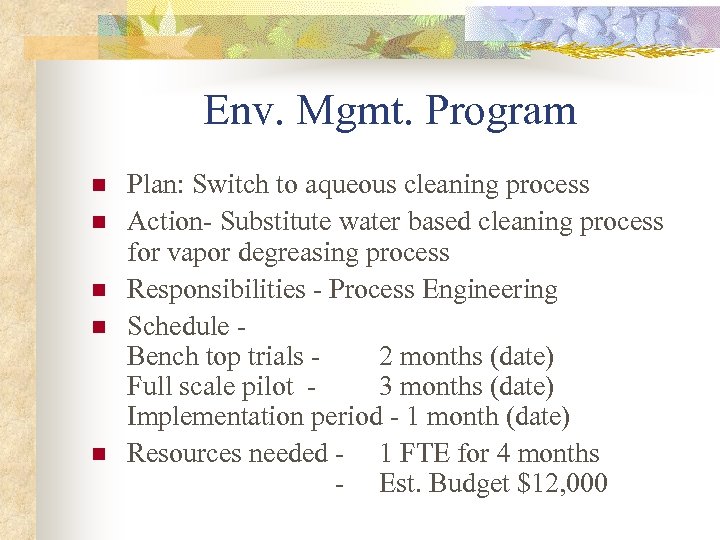 Env. Mgmt. Program n n n Plan: Switch to aqueous cleaning process Action- Substitute