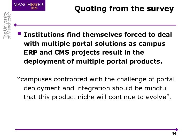 Quoting from the survey § Institutions find themselves forced to deal with multiple portal