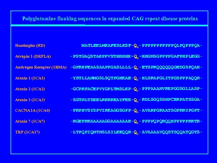 Polyglutamine flanking sequences in expanded CAG repeat disease proteins Huntingtin (HD) Atropin 1 (DRPLA)