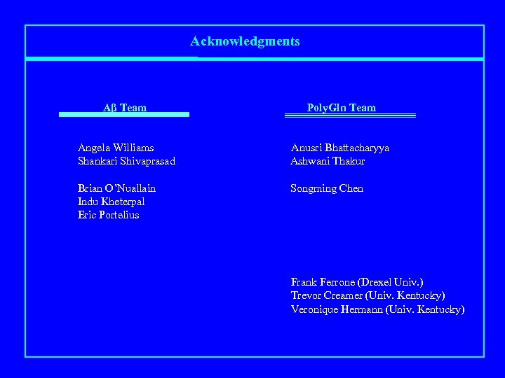 Acknowledgments Aβ Team Poly. Gln Team Angela Williams Shankari Shivaprasad Anusri Bhattacharyya Ashwani Thakur
