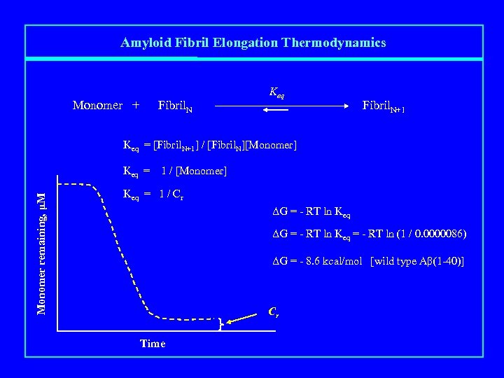 Amyloid Fibril Elongation Thermodynamics Monomer + Fibril. N Keq Fibril. N+1 Keq = [Fibril.