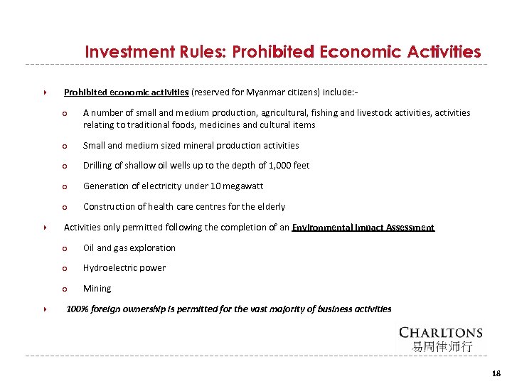 Investment Rules: Prohibited Economic Activities Prohibited economic activities (reserved for Myanmar citizens) include: ○