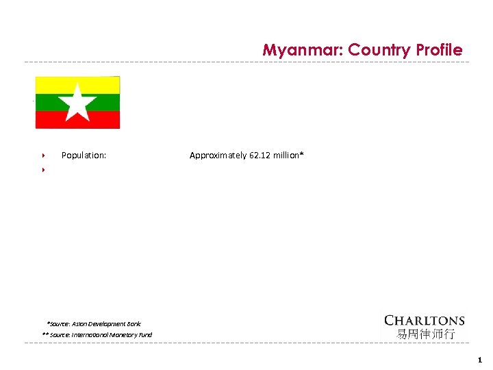 Myanmar: Country Profile Population: Approximately 62. 12 million* *Source: Asian Development Bank ** Source: