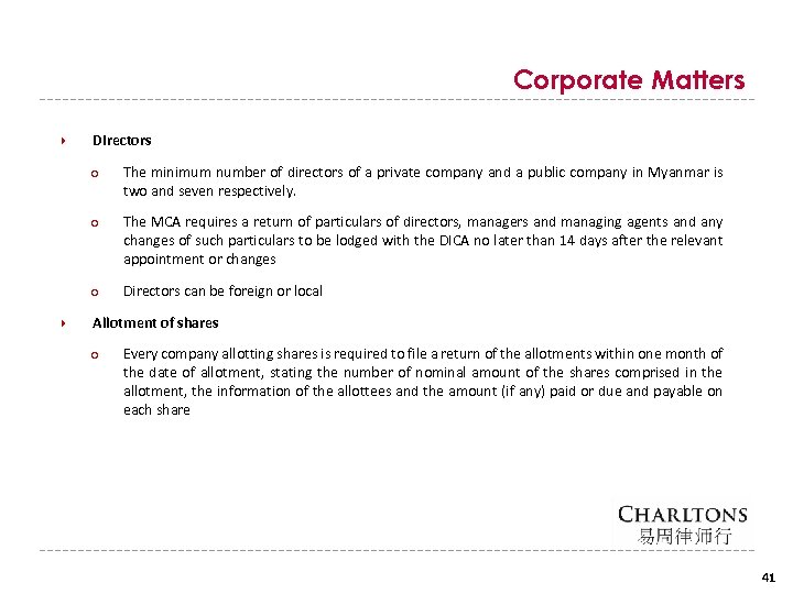 Corporate Matters Directors ○ ○ The MCA requires a return of particulars of directors,