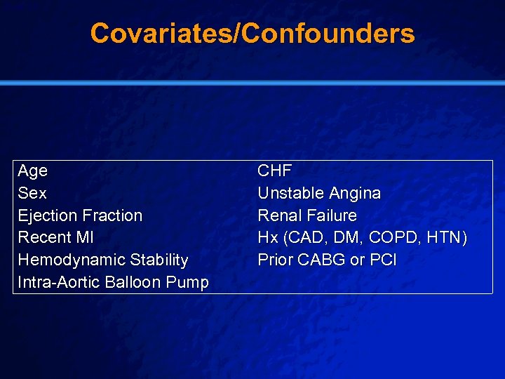 Slide 20 © 2003 By Default! Covariates/Confounders Age Sex Ejection Fraction Recent MI Hemodynamic