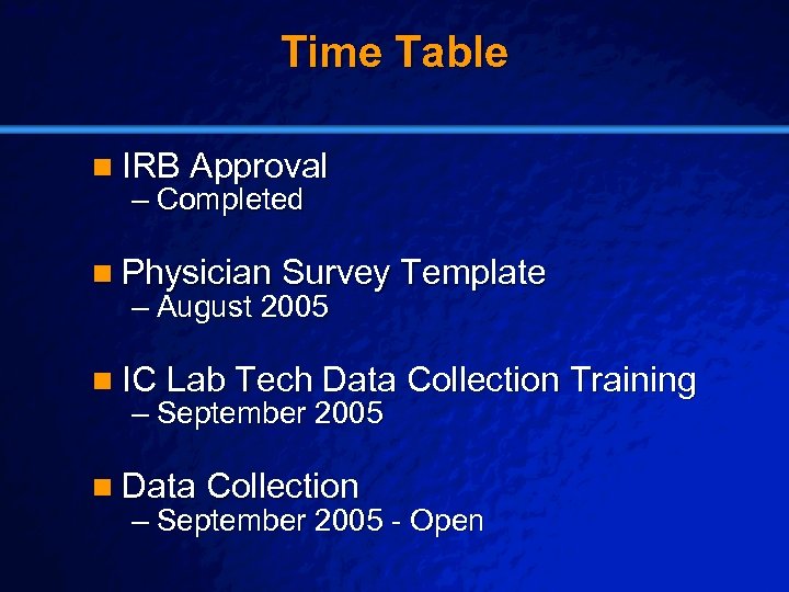 Slide 27 © 2003 By Default! Time Table n IRB Approval – Completed n