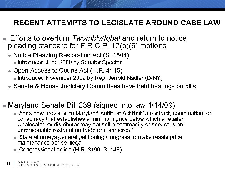 RECENT ATTEMPTS TO LEGISLATE AROUND CASE LAW n Efforts to overturn Twombly/Iqbal and return