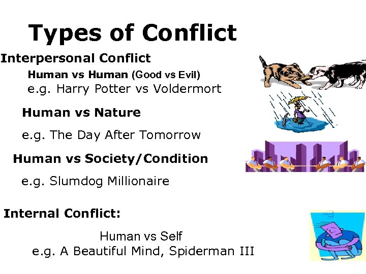 Types of Conflict Interpersonal Conflict Human vs Human (Good vs Evil) e. g. Harry