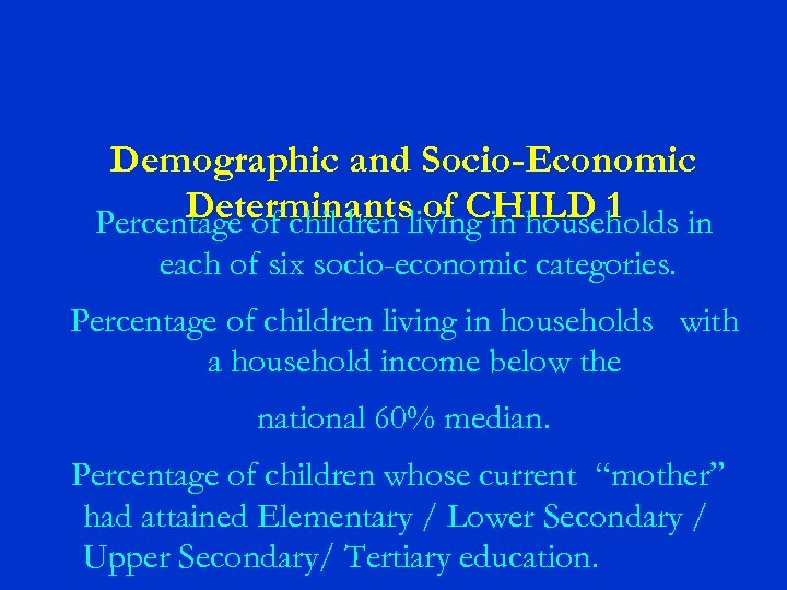 Demographic and Socio-Economic Determinantsliving in households in of CHILD 1 Percentage of children each