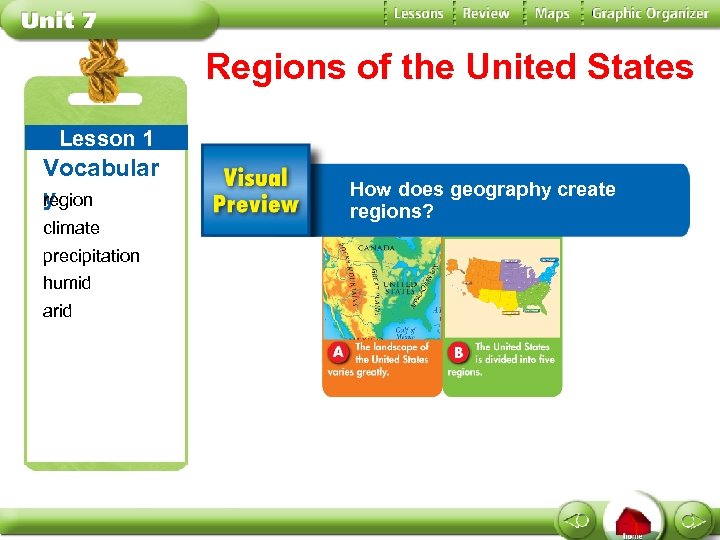 Regions of the United States Lesson 1 Vocabular y region climate precipitation humid arid