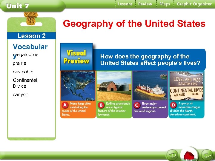 Geography of the United States Lesson 2 Vocabular megalopolis y prairie navigable Continental Divide