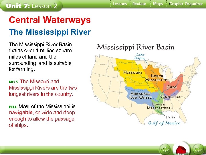 Central Waterways The Mississippi River Basin drains over 1 million square miles of land