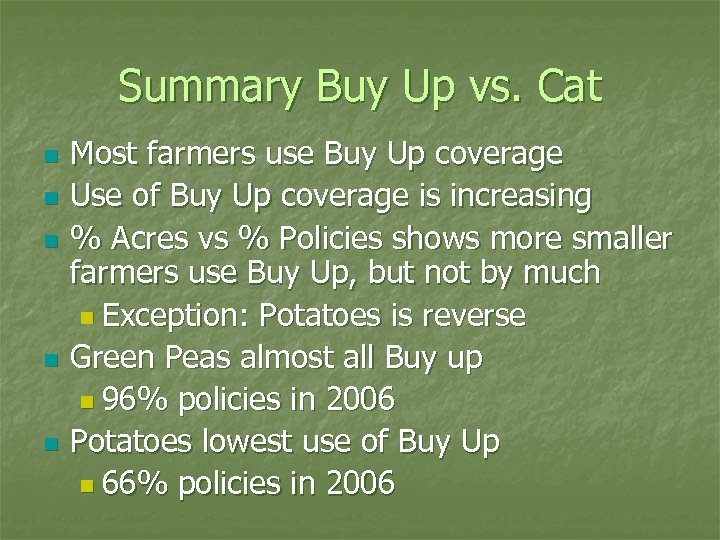 Summary Buy Up vs. Cat n n n Most farmers use Buy Up coverage