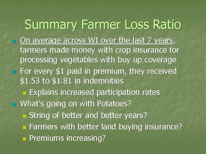 Summary Farmer Loss Ratio n n n On average across WI over the last