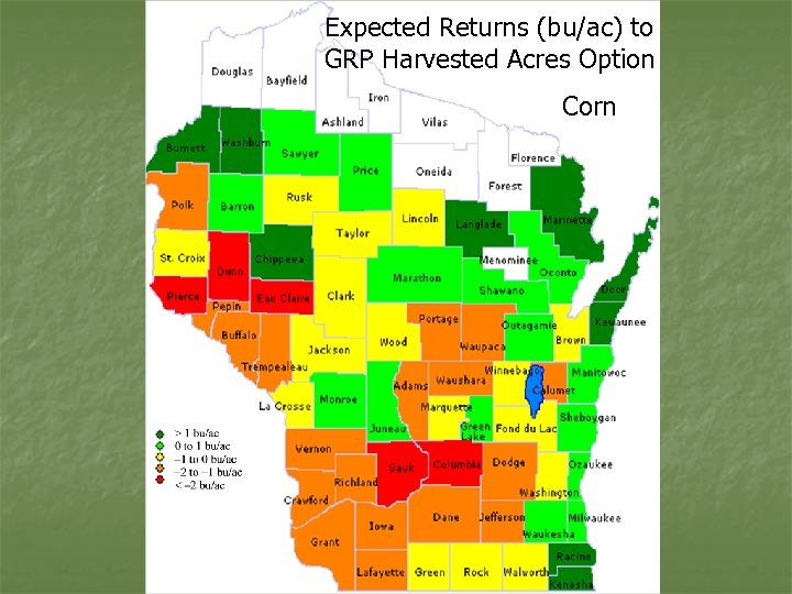 Expected Returns (bu/ac) to GRP Harvested Acres Option Corn 