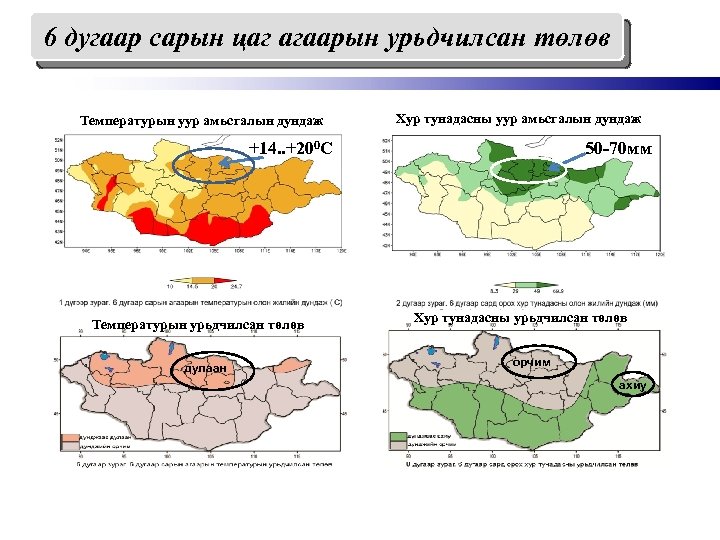 6 дугаар сарын цаг агаарын урьдчилсан төлөв Температурын уур амьсгалын дундаж Хур тунадасны уур