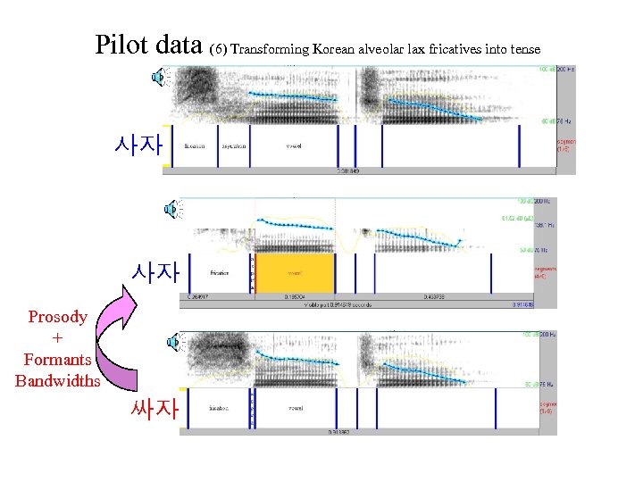 Pilot data (6) Transforming Korean alveolar lax fricatives into tense 사자 사자 Prosody +