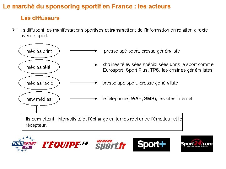 Le marché du sponsoring sportif en France : les acteurs Les diffuseurs Ø Ils