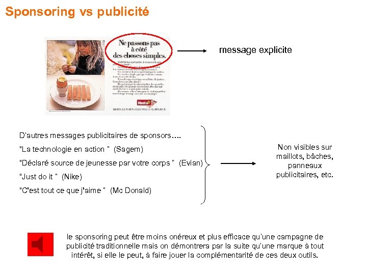 Sponsoring vs publicité message explicite D’autres messages publicitaires de sponsors…. “La technologie en action