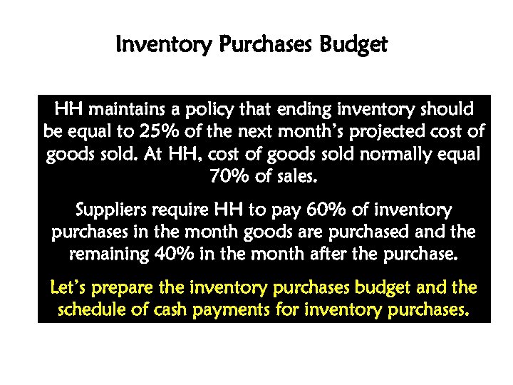 Inventory Purchases Budget HH maintains a policy that ending inventory should be equal to