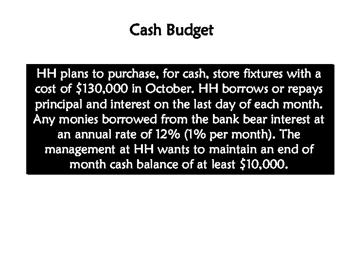 Cash Budget HH plans to purchase, for cash, store fixtures with a cost of