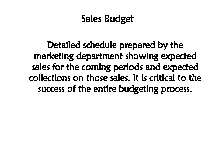 Sales Budget Detailed schedule prepared by the marketing department showing expected sales for the