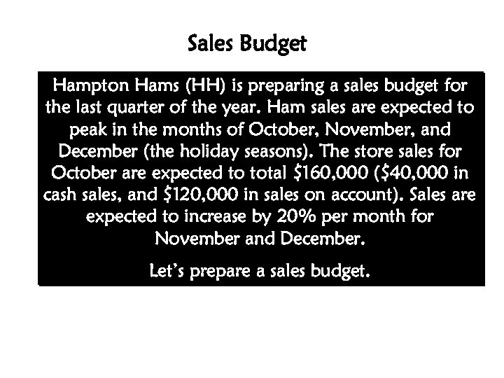 Sales Budget Hampton Hams (HH) is preparing a sales budget for the last quarter