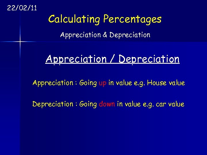 22/02/11 Calculating Percentages Appreciation & Depreciation Appreciation / Depreciation Appreciation : Going up in