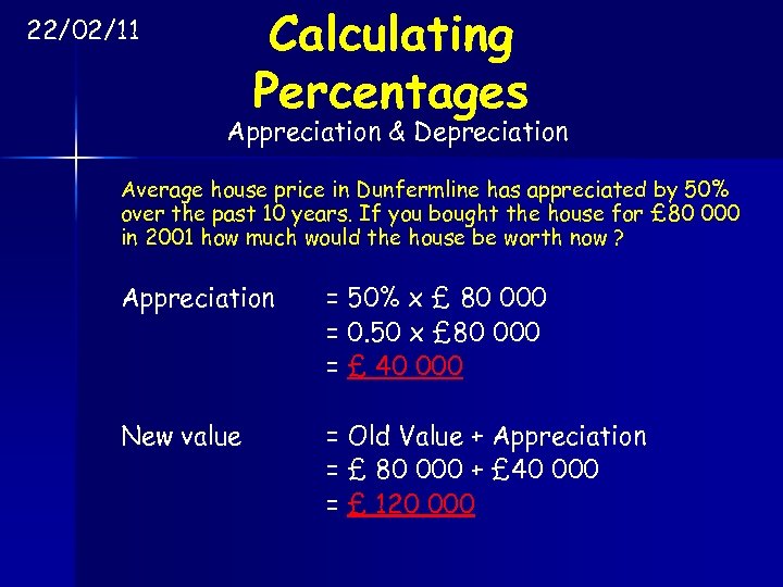 22/02/11 Calculating Percentages Appreciation & Depreciation Average house price in Dunfermline has appreciated by