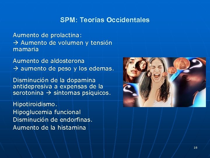 SPM: Teorías Occidentales Aumento de prolactina: Aumento de volumen y tensión mamaria Aumento de