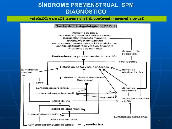 SÍNDROME PREMENSTRUAL. SPM DIAGNÓSTICO FISIOLOGIA DE LOS DIFERENTES SÍNDROMES PREMENSTRUALES 41 ← ↓ serotonina
