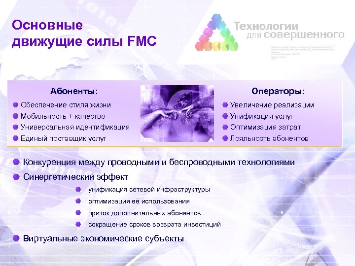 Основные движущие силы FMC Абоненты: Операторы: Обеспечение стиля жизни Увеличение реализации Мобильность + качество