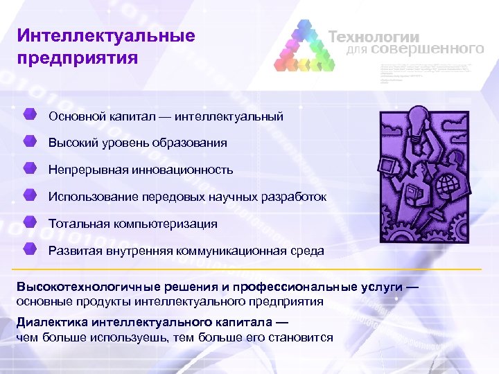 Интеллектуальные предприятия Основной капитал — интеллектуальный Высокий уровень образования Непрерывная инновационность Использование передовых научных