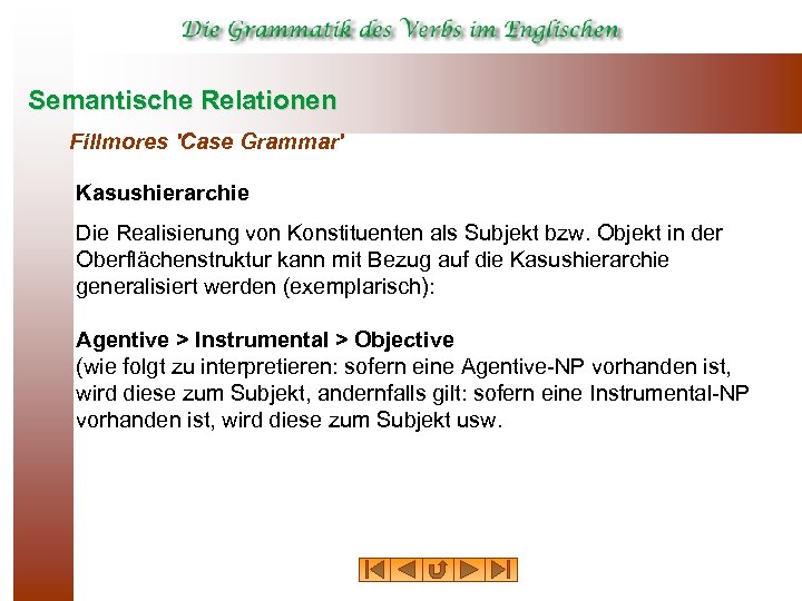 Semantische Relationen Fillmores 'Case Grammar' Kasushierarchie Die Realisierung von Konstituenten als Subjekt bzw. Objekt