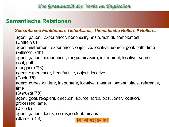 Semantische Relationen Semantische Funktionen, Tiefenkasus, Thematische Rollen, -Rollen. . . agent, patient, experiencer, beneficiary,