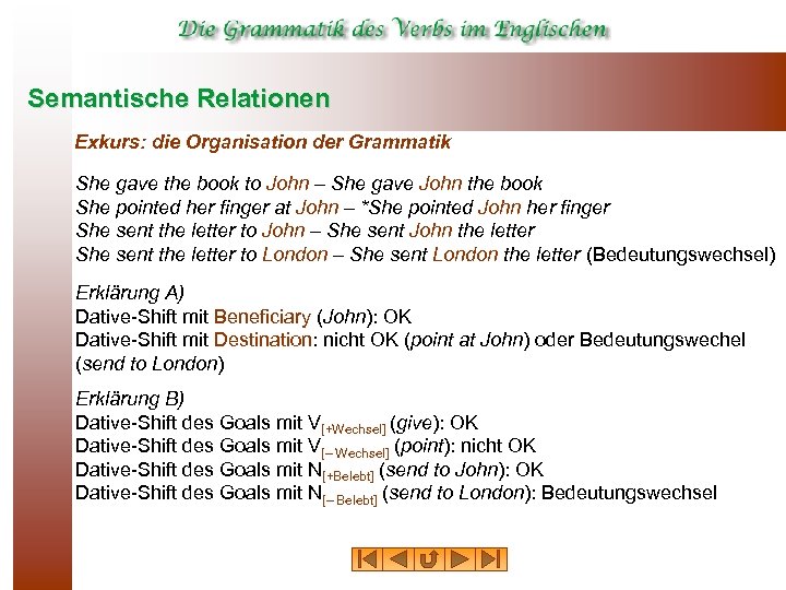 Semantische Relationen Exkurs: die Organisation der Grammatik She gave the book to John –