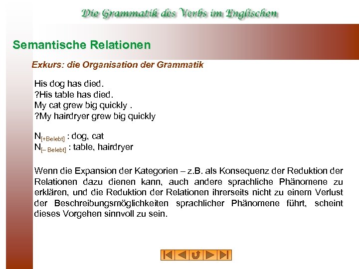 Semantische Relationen Exkurs: die Organisation der Grammatik His dog has died. ? His table