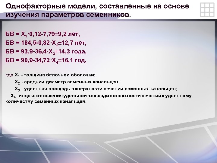 Однофакторные модели, составленные на основе изучения параметров семенников. БВ = X 1· 0, 12