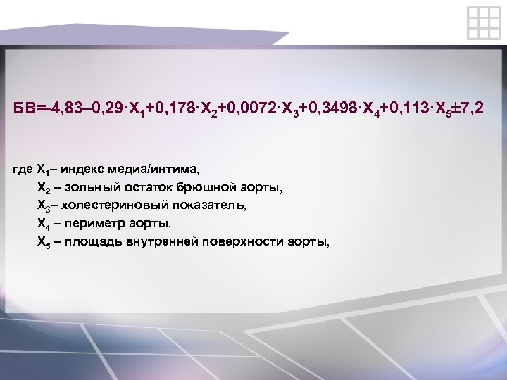 БВ=-4, 83– 0, 29·Х 1+0, 178·Х 2+0, 0072·Х 3+0, 3498·Х 4+0, 113·Х 5 7,