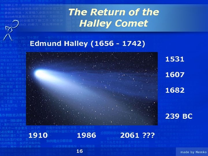 The Return of the Halley Comet Edmund Halley (1656 - 1742) 1531 1607 1682