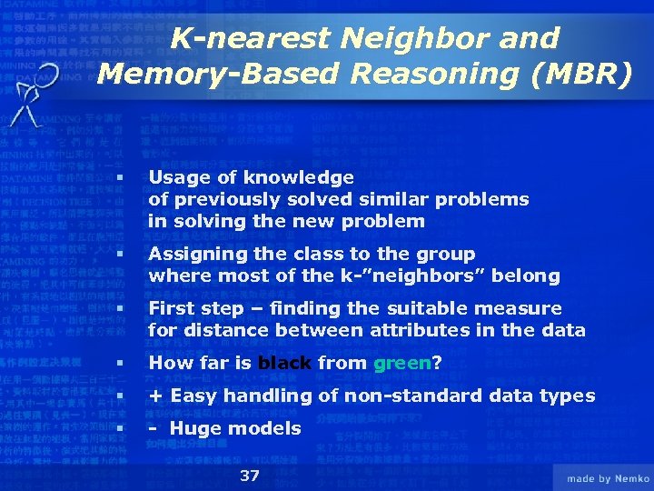 K-nearest Neighbor and Memory-Based Reasoning (MBR) § Usage of knowledge of previously solved similar